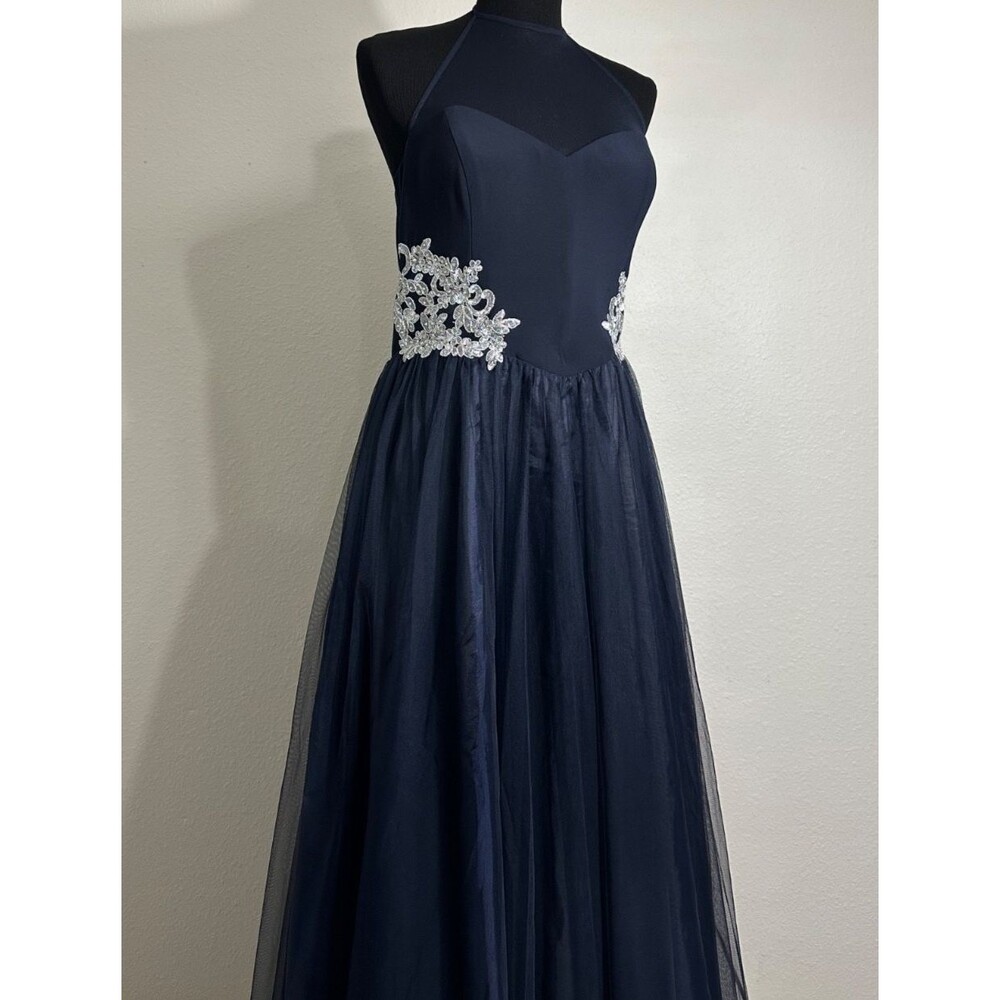 DJ-JAZ Navy Blue Silver Floral Halter Pleated Tulle Maxi Dress Gown Size 15 Flaw